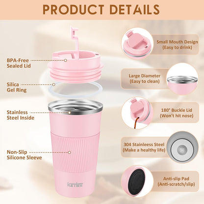 KETIEE Travel Coffee Mug Spill Proof 12oz, Insulated Travel Mug to Go, Reusable Coffee Cup with Seal Lid, Vacuum Stainless Steel Tumbler for Hot/Cold Drinks (Red)