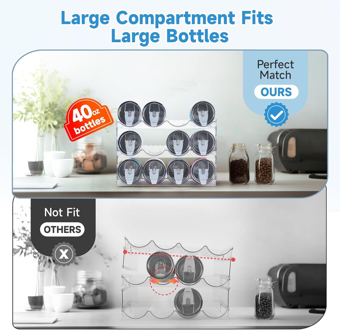 Large Compartment Water Bottle Organizer,4 Tier Stackable Water Bottle Rack for Cabinet,Tumbler Storage Organizer for Kitchen,Fridge,Cabinet Organization and Storage,Clear Water Bottle Storage Rack