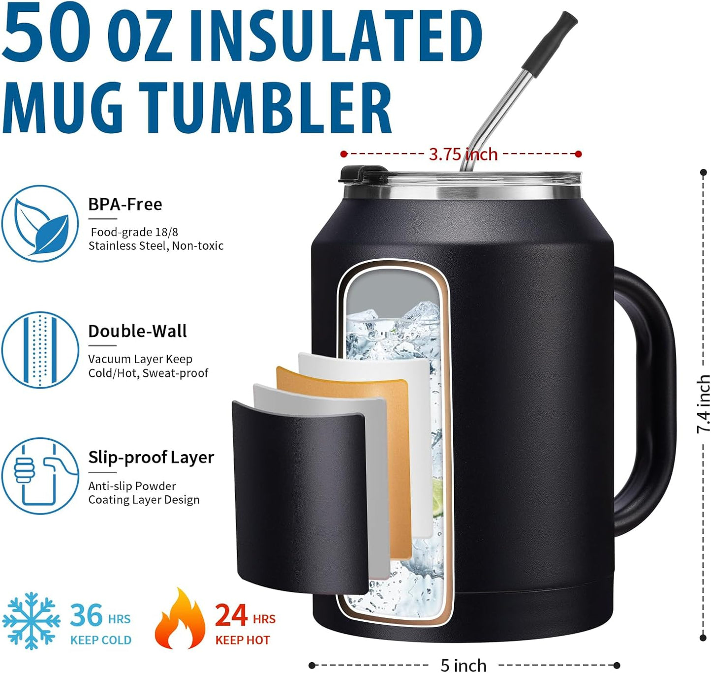 50 oz Insulated Tumbler with Handle and Straw - Stainless Steel Double Wall Coffee Mug, 2-in-1 Lid Metal Water Bottle, 36H Cold 24H Hot Travel Hydro Cup Jug with Silicone Boot