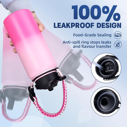 Insulated Water Bottle, 32 oz Stainless Steel Wide Mouth Water Bottles with 2 Leak Proof Lid and Paracord Handle, Double Wall Vacuum Insulated Sports Water Bottle, Purple Black