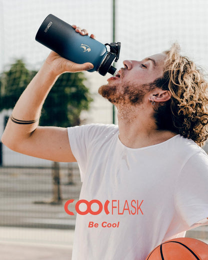 Half Gallon Water Bottle Insulated with Straw & 3 Lids, Coolflask 64 oz Water Jug Large Metal Stainless Steel Wide Mouth for Sports, Gym or Office, Non-BPA Keep Cold 48H Hot 24H, Samurai Cyan