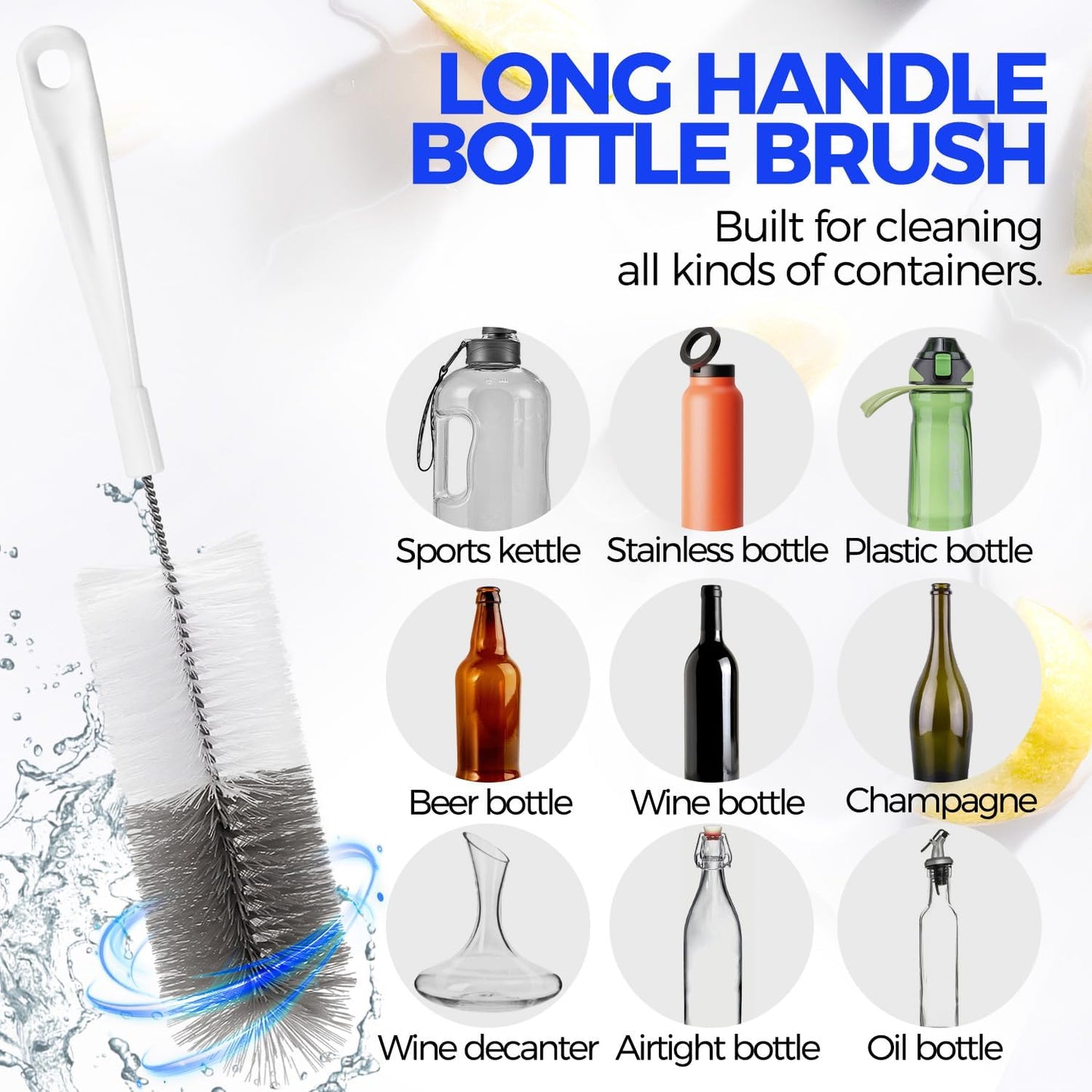Holikme 10 Pack Bottle Brush Cleaner Set, 15" Long Handle Bottle Cleaner Brush, Flexible Long Handle Water Bottle Brush for Narrow Neck Beer Wine, 8 Straws, Abrasive Spiral Brushes, White Grey