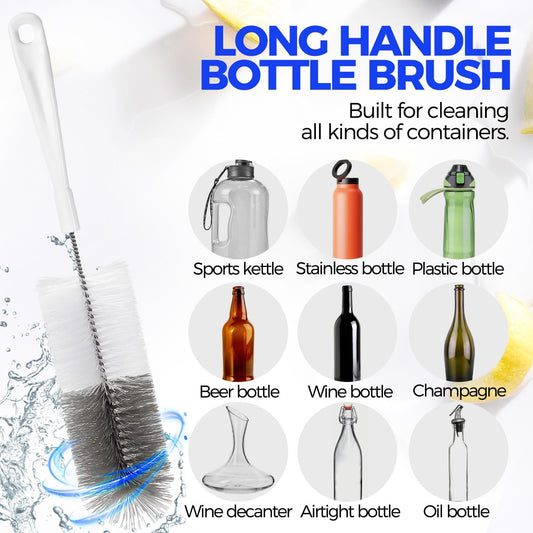 Holikme 10 Pack Bottle Brush Cleaner Set, 15" Long Handle Bottle Cleaner Brush, Flexible Long Handle Water Bottle Brush for Narrow Neck Beer Wine, 8 Straws, Abrasive Spiral Brushes, White Grey