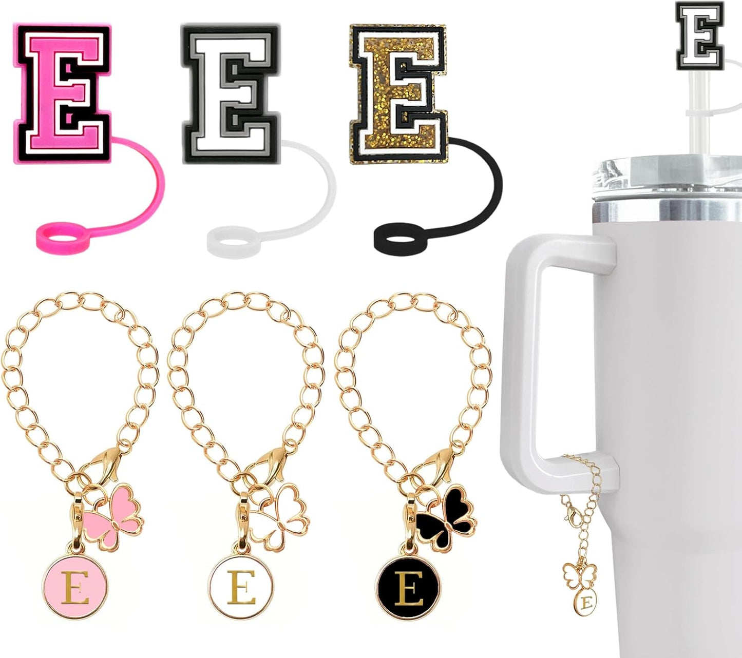（3 +3) 3PCS Nuozme Straw Cover 10mm For Stanley Tumbler Cup Reusable Straw Cap Topper with 3 Initial Letter Charms Accessories Name ID Personalized Handle Charm For Stanley 30&40 Oz Cup Tumbler - Colors B