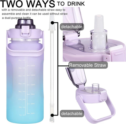 Large Motivational Water Bottle with Straw Time Marker BPA Free for Sport and Fitness (Pink Blue, 64 Oz / Half Gallon)