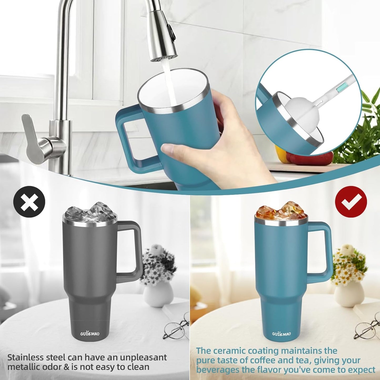 20 oz Insulated Coffee Mug with Ceramic Coating, Stainless Steel Travel Mug Tumbler with Handle Lid and Straw, Double Wall Leak-Proof Coffee Travel Mug Keeps Drink Hot and Cold (Black)