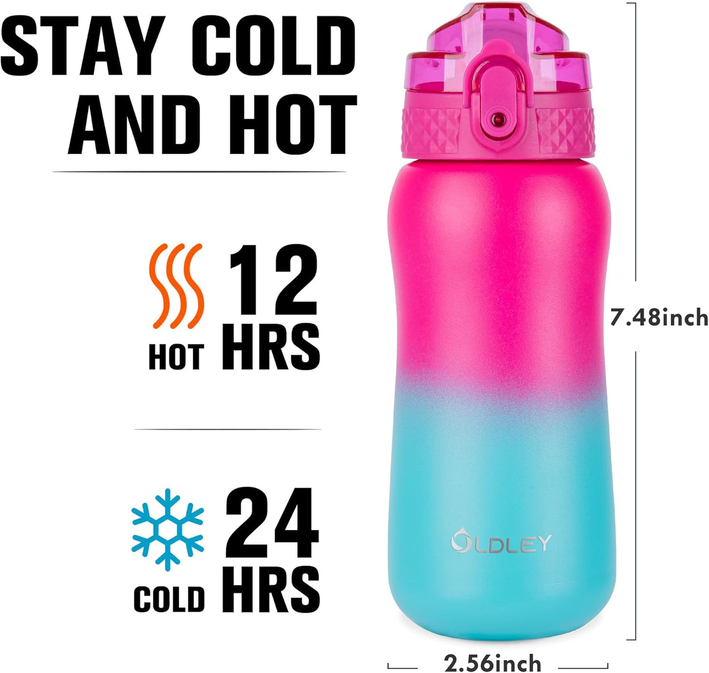 Oldley Insulated Water Bottle 20oz for Adults Kids Stainless Steel Water Bottles with Straw/Chug/Carabiner 3 Lids Fruit Strainer Double Wall Vacuum Wide Mouth BPA Free Leak-Proof for School Travel