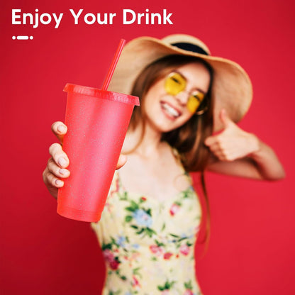 24 Pack Plastic Tumblers with Lids and Straw, Reusable Cups with Lids and Straws Colorful Cups for Cold Drink Iced Coffee, Plastic Tumbler Bulk for Party Birthday Gifts (24 oz, Stylish Colors)