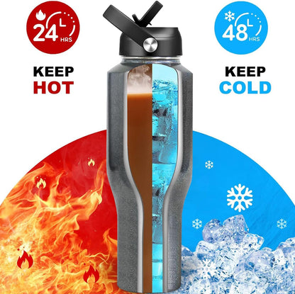 HYDROWION 32oz Stainless Steel Water Bottle(Cold for 48 Hrs, Hot for 24 Hrs),Double Wall Vacuum Insulated Water Bottle with Straw Lid, Spout Lid and Flex Cap, Fit in Any Car Cup Holder,Black
