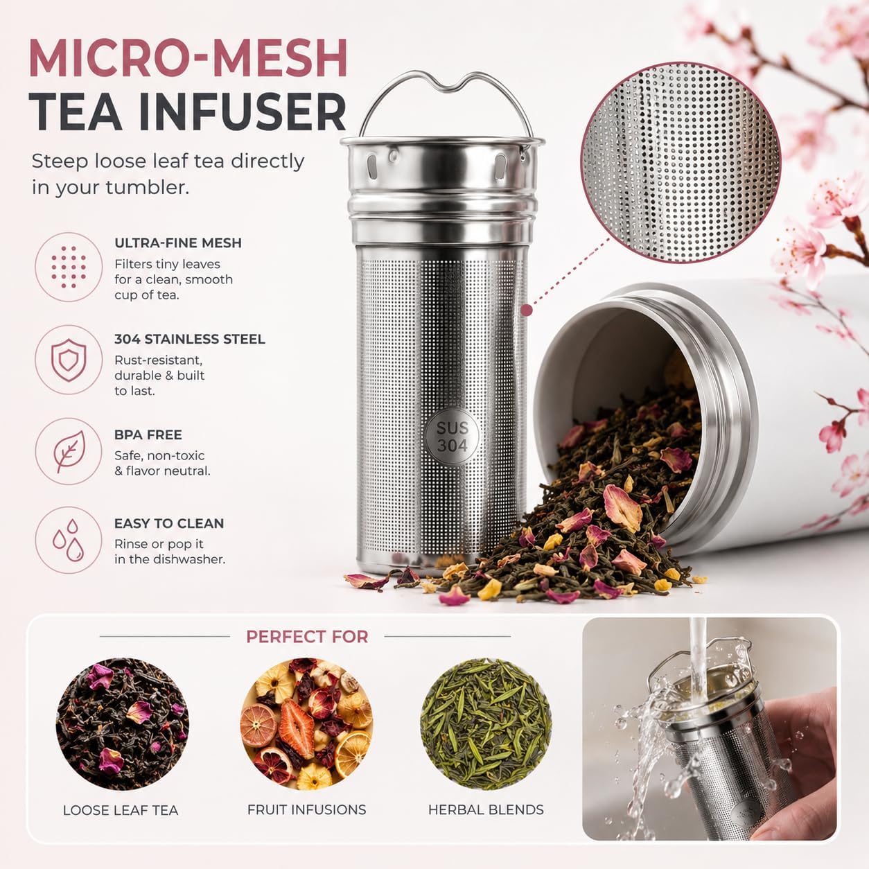 22 oz Ceramic Lined Tea Infuser Travel Tumbler, Micro-Mesh Stainless Steel Infuser, Pure Taste Ceramic Interior, Triple Insulated 12hr Hot Cold, Dual Sip & Straw Lid, Scratch-Resistant
