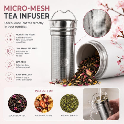 22 oz Ceramic Lined Tea Infuser Travel Tumbler, Micro-Mesh Stainless Steel Infuser, Pure Taste Ceramic Interior, Triple Insulated 12hr Hot Cold, Dual Sip & Straw Lid, Scratch-Resistant