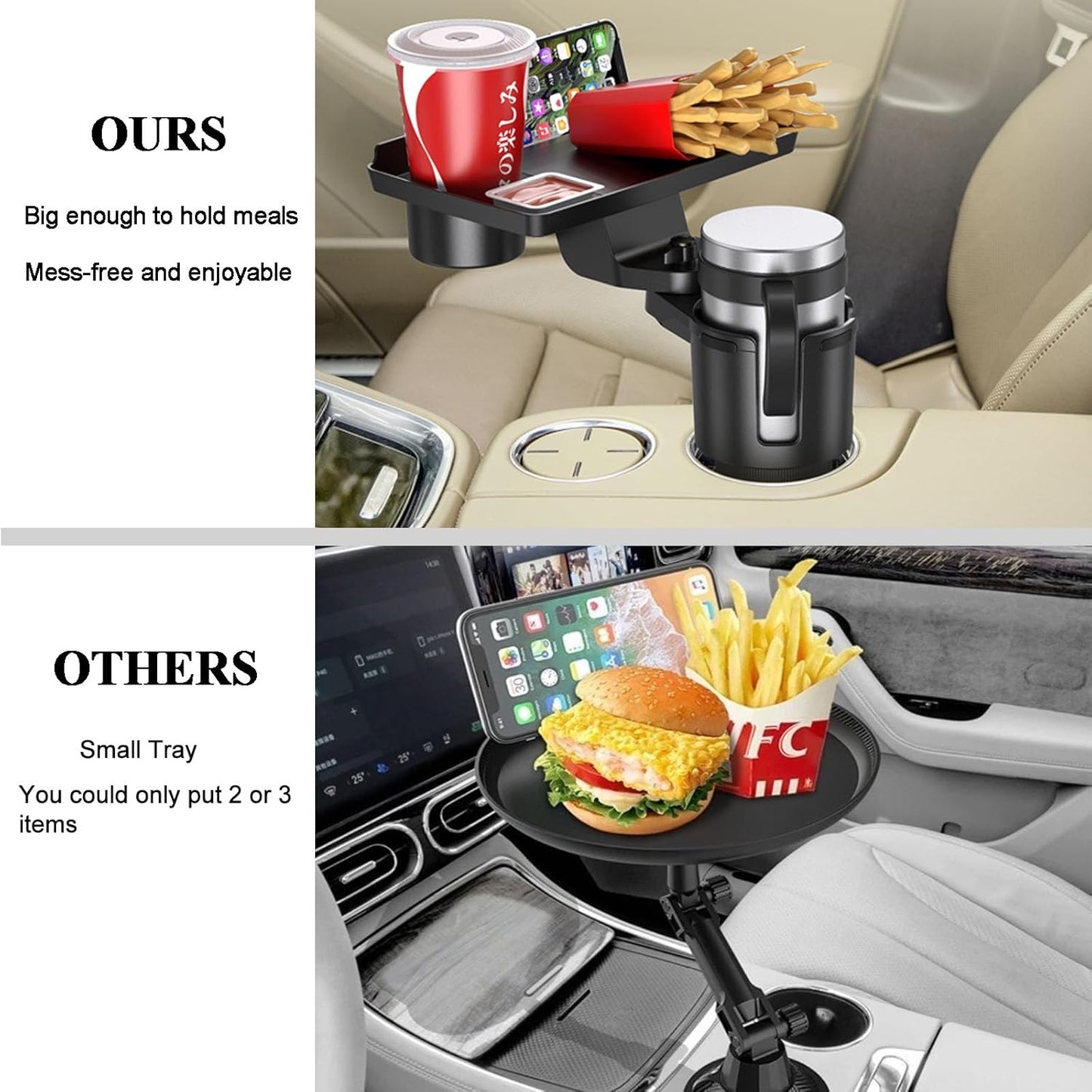 Car Cup Holder Tray, 5 in 1 Adjustable Car Cup Holder Expander Detachable Car Food Tray & Organizer – Automotive Cup Tray Table 9.8”with 360° Rotation with Phone Mount, Fit in 2.6"-3.9" Car Holder
