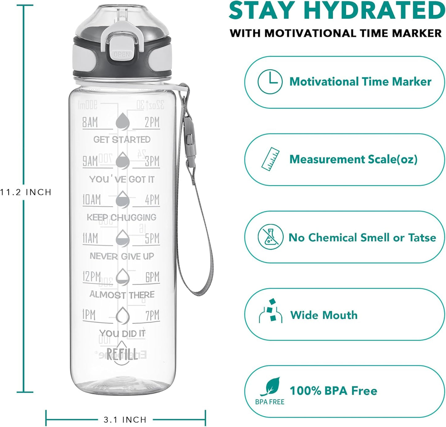 Enerbone 32 oz Drinking Water Bottle with Times to Drink and Straw, Motivational with Carrying Strap, Leakproof BPA & Toxic Free, Ensure You Drink Enough Water for Fitness Gym Outdoor