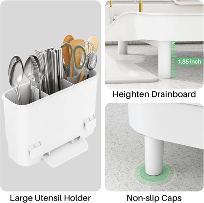 SAYZH Dish Drying Rack - Expandable Dish Rack for Kitchen Counter, Rust-Resistant Dish Drainer with Utensil Holder and Raised Guardrail, Kitchen Organizer for Cup and Bottle (Black)