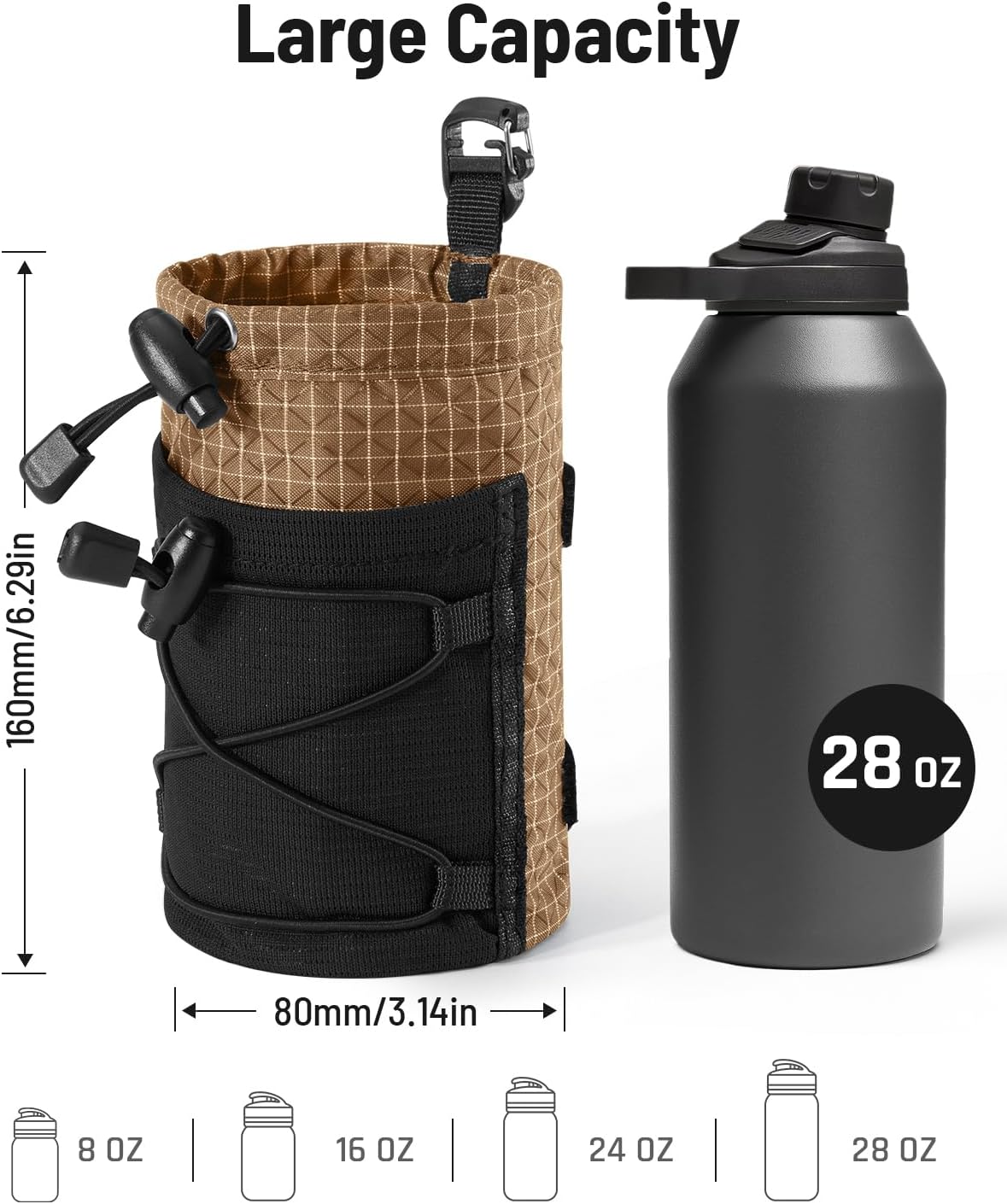 Water Bottle Holder Pouch with Hook Buckle, Backpack Water Bottle Holder Mesh Bag Carrier Fits for 8-24oz Bottles for Hiking, Running, Travel, Outdoor Backpack Accessories & Attachments