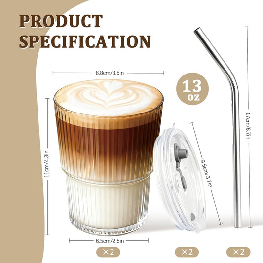 4 Packs Ribbed Glass Tumbler with Lid and Straw 13 oz Cute Ice Coffee Cup Set for Smoothie Juice Matcha Tea Latte Cappuccino Espresso Hot Coffe Water Reusable Clear Travel Boba Aesthetic Drinking Mug