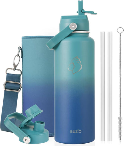 BUZIO 40oz Insulated Water Bottle, Triple Wall Vacuum Stainless Steel Water Flask with 2 lids, Lead-Free BPA-Free Straw Lid Sports Canteen Jug, Cold 48H & Hot 24H- Black - Colors B