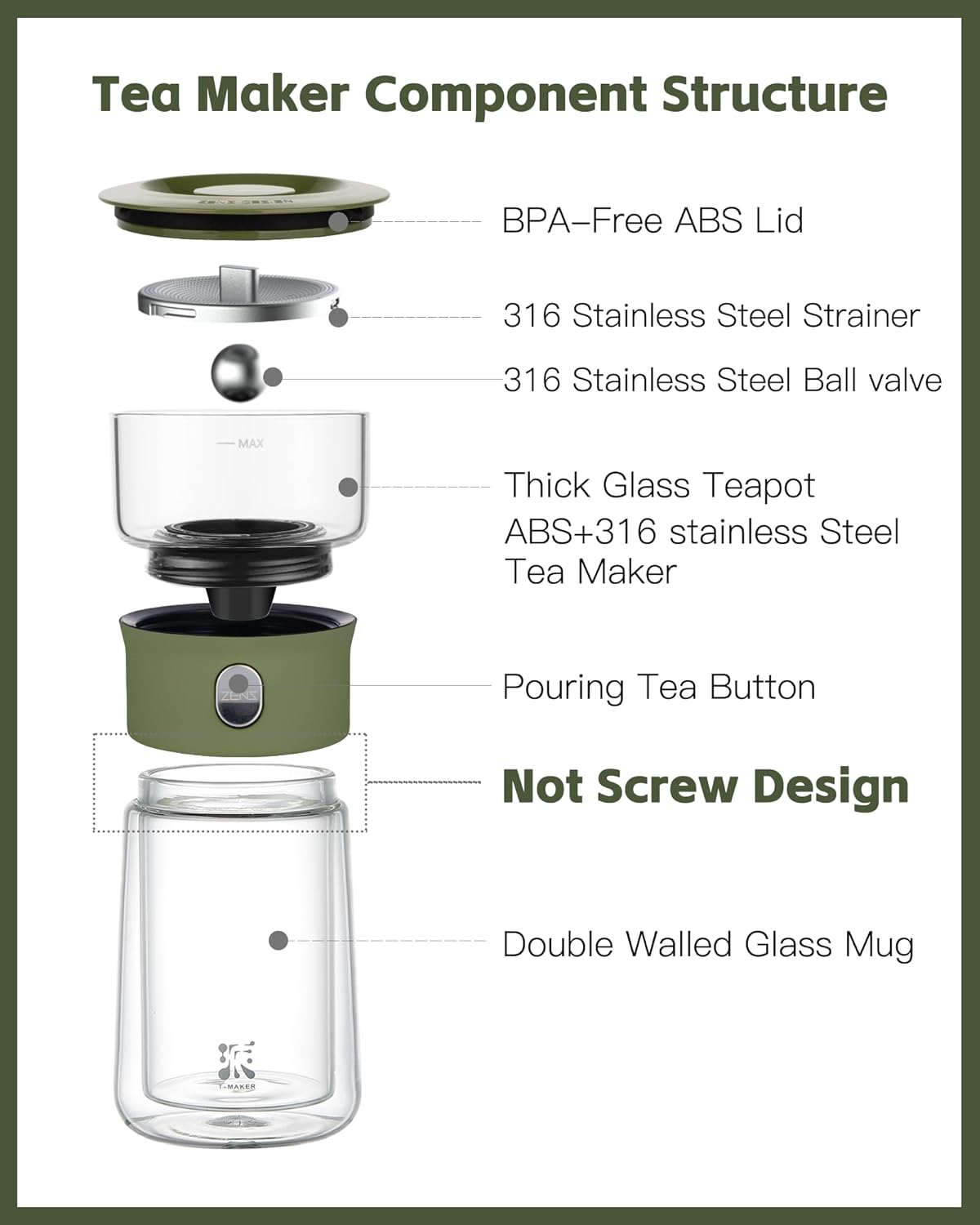 ZENS Modern Glass Infuser Teapot, One Touch Tea Maker for Loose Leaf Tea with Insulated Mug and Portable Case. Enchanted Pot Alternatives for Tea Lover Gifts