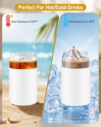 sungwoo 4PCS Glass Cups with Bamboo Lids and Straws, 16OZ Ice Coffee Cup, Drinking Cup set with Wooden Lids, Home Essential Glass Tumblers for Beer, Cocktail, Tea and Latte Clear