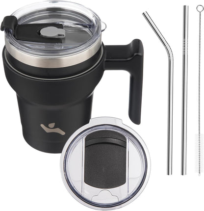 Konokyo 20 oz Tumbler with Handle and 2 Straw 2 Lid, Insulated Water Bottle Stainless Steel Vacuum Cup Reusable Travel Mug,Black