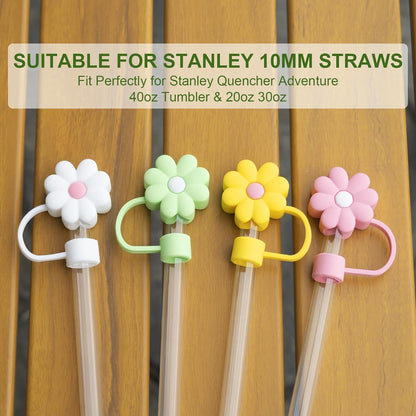 4Pcs 0.4in Diameter Cute Silicone Straw Covers Cap for Stanley Cup, Dust-Proof Drinking Straws Reusable Straws Tips Lids (4 PCS Flower Straw Covers)