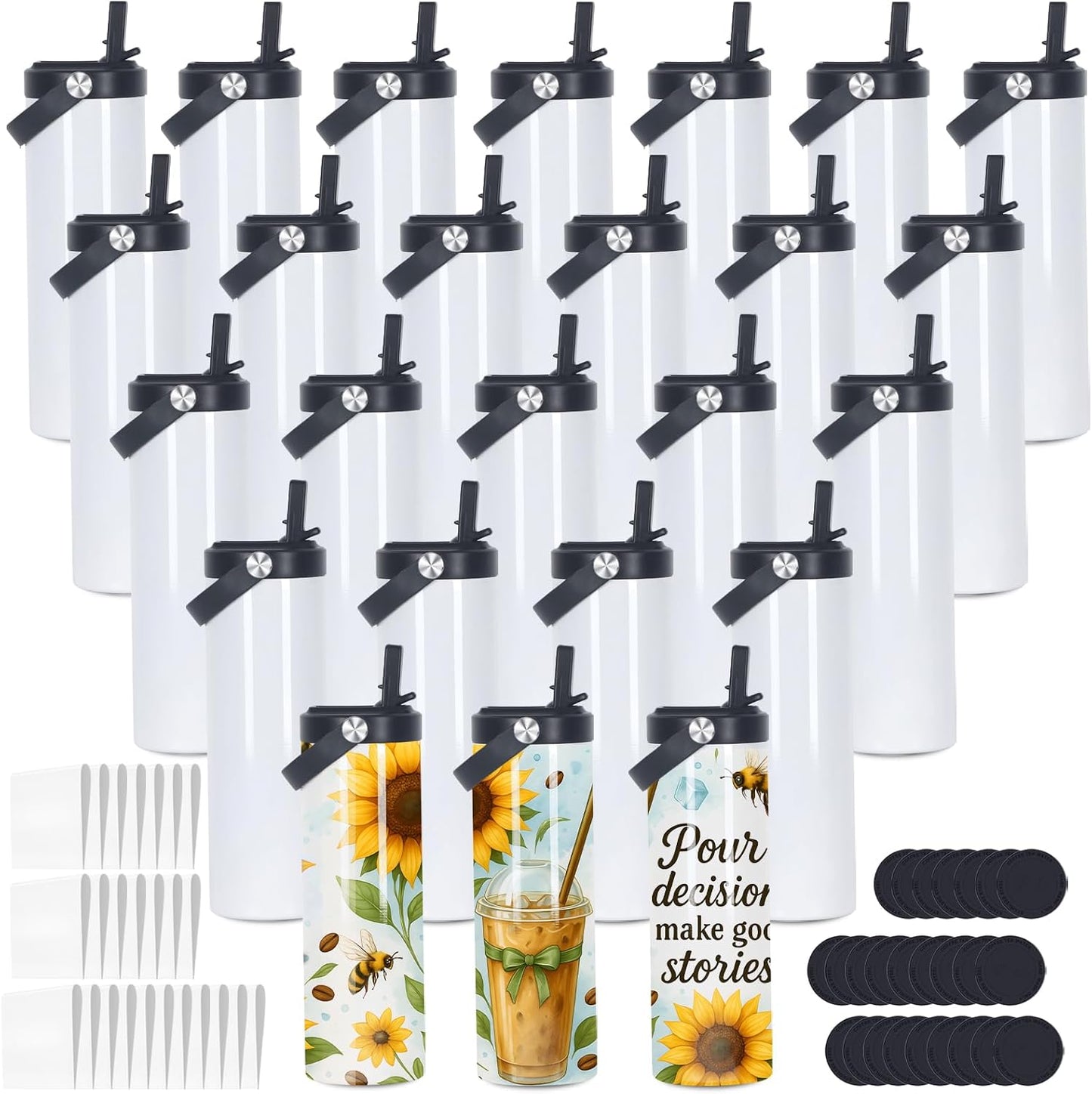 20 Oz Sublimation Tumblers Bulk Skinny Straight, 25 Pack Sublimation Sport Water Bottles Blanks with Portable Handle, Double Wall Stainless Steel Tumbler Cup for Heat Transfer, Individual Box