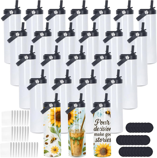 20 Oz Sublimation Tumblers Bulk Skinny Straight, 25 Pack Sublimation Sport Water Bottles Blanks with Portable Handle, Double Wall Stainless Steel Tumbler Cup for Heat Transfer, Individual Box