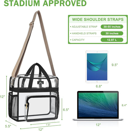 MAY TREE Clear Bag for Stadium Events, 12×5.5×12 Clear Tote Lunch Bag with Non-detachable Reinforced Straps for Work, Sporting Events and Gym, Black