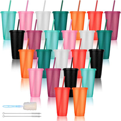 24 Pack Plastic Tumblers with Lids and Straw, Reusable Cups with Lids and Straws Colorful Cups for Cold Drink Iced Coffee, Plastic Tumbler Bulk for Party Birthday Gifts (24 oz, Stylish Colors)