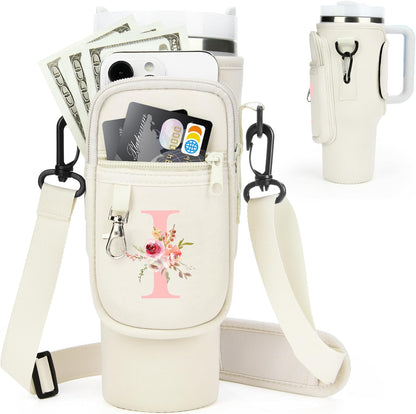 Initial Water Bottle Holder with Strap for Stanley Cup Accessories 40 oz/Simple Modern Tumbler, Birthdays for Women Girls, Water Bottle Carrier Bag with Phone Pocket,Hiking Walking Gym Camping
