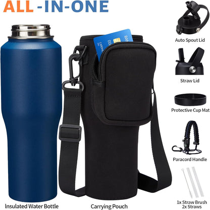 Insulated Water Bottle 40 oz - Fits in any Car Cup Holder, Keep Cold 48H Hot 24H, Stainless Steel Waterbottle Double Wall Flask with Straw, Pop-up Spout Lid, Paracord Handle, Carrier Bag