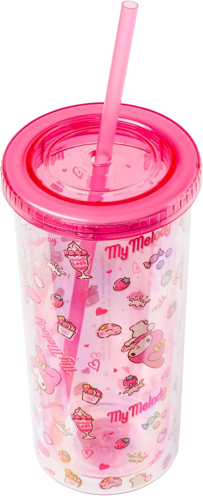 Silver Buffalo Sanrio Hello Kitty Milk Carton Pattern Plastic Boba Tumbler w Lid and Wide Straw, 24 Ounces