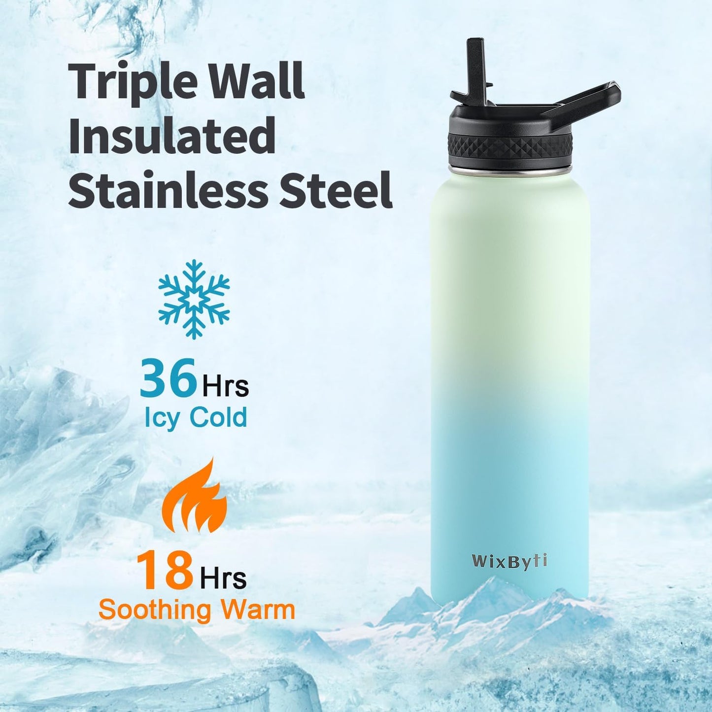WixByti 40 oz Insulated Water Bottle with Straw (Cold for 36 Hrs), Stainless Steel Triple Wall Vacuum Sports Water Jug, Leakproof Hydro Cup Flask with Paracord Handle & Straw Spout Lids & DIY Stickers