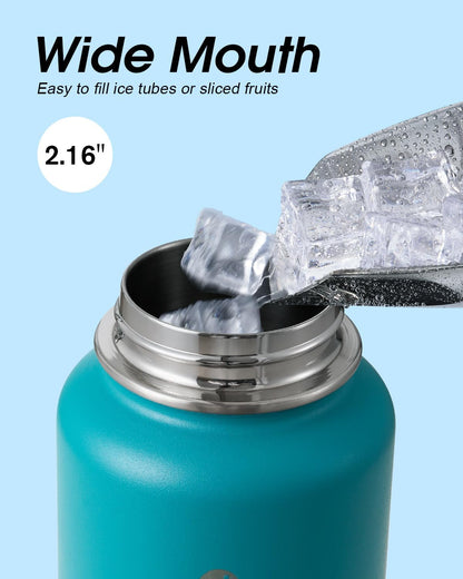 Half Gallon Water Bottle Insulated with Straw & 3 Lids, Coolflask 64 oz Water Jug Large Metal Stainless Steel Wide Mouth for Sports, Gym or Office, Non-BPA Keep Cold 48H Hot 24H, Samurai Cyan