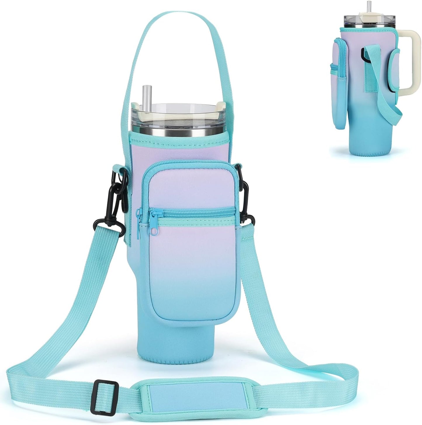 GOEWY Water Bottle Carrier Bag for Stanley 40/30 oz Tumbler with Phone Pocket Neoprene Water Bottle Holder with Shoulder & Handheld Strap Stanley Cup Accessories
