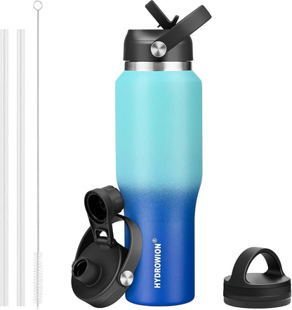 HYDROWION 32oz Stainless Steel Water Bottle(Cold for 48 Hrs, Hot for 24 Hrs),Double Wall Vacuum Insulated Water Bottle with Straw Lid, Spout Lid and Flex Cap, Fit in Any Car Cup Holder,Black
