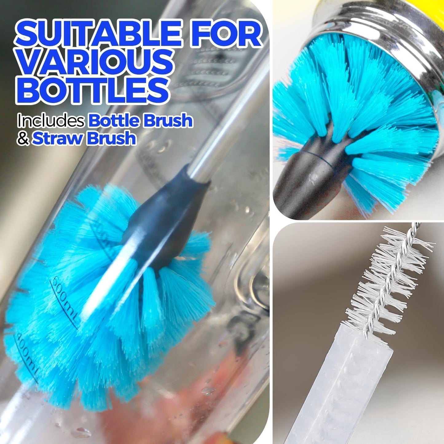 Holikme 6 Pack Bottle Brush Set, 14" Long Handle Stainless Steel Bottle Cleaner Brush, 3 Straw Brushes, 4-in-1 Bottle Cleaning Brush for Water Bottle, Antistatic Lab Brushes Straws, Black