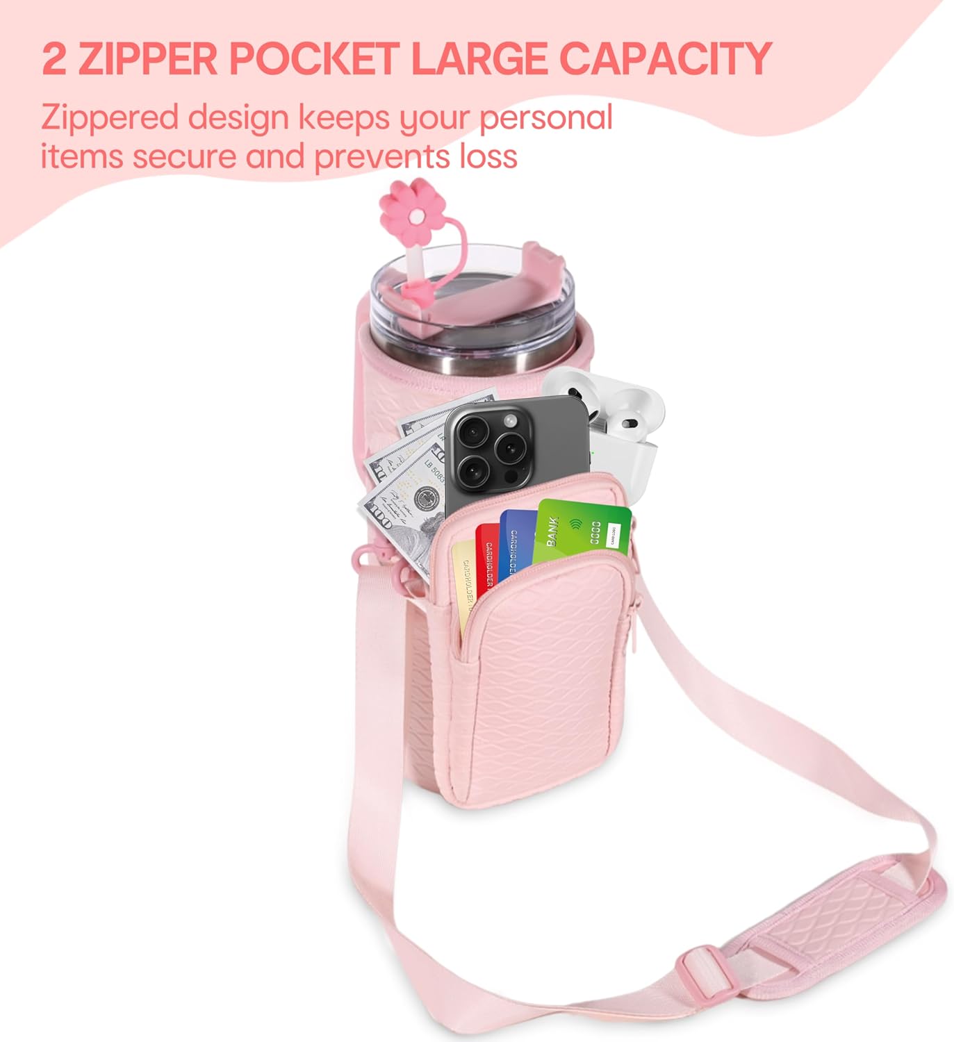 &And Per Se Water Bottle Shoulder Bag with Phone Pocket, Compatible with Stanley 30oz Tumblers - Neoprene Carrier with Adjustable Strap & Charm Accessory (Black)