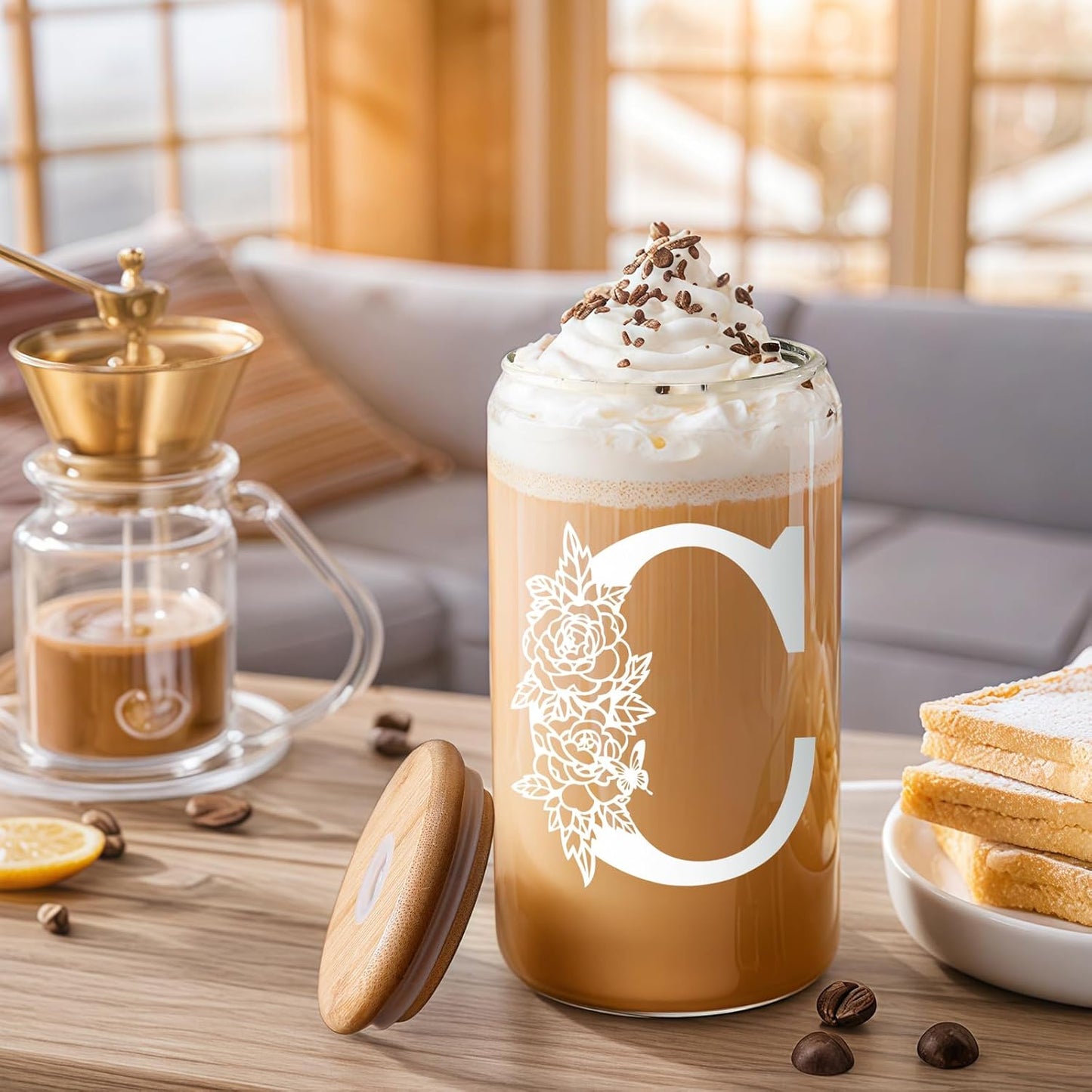 Glass Cups with Lids and Straws: Personalized Initial Glass Cup Be Used As Reusable Iced Coffee Cups with Lids,Cute Matcha Tumbler - The Christmas/Birthday Gifts for Women - M Smoothie Cup