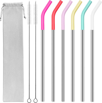 40 oz Stainless Metal Straws for 40 oz Stanley Tumbler, 6Pcs Reusable Straight Long Steel Straws with 12 Silicone Tips and 2 Straw Cleaning Brushes (6Color1, 40oz)