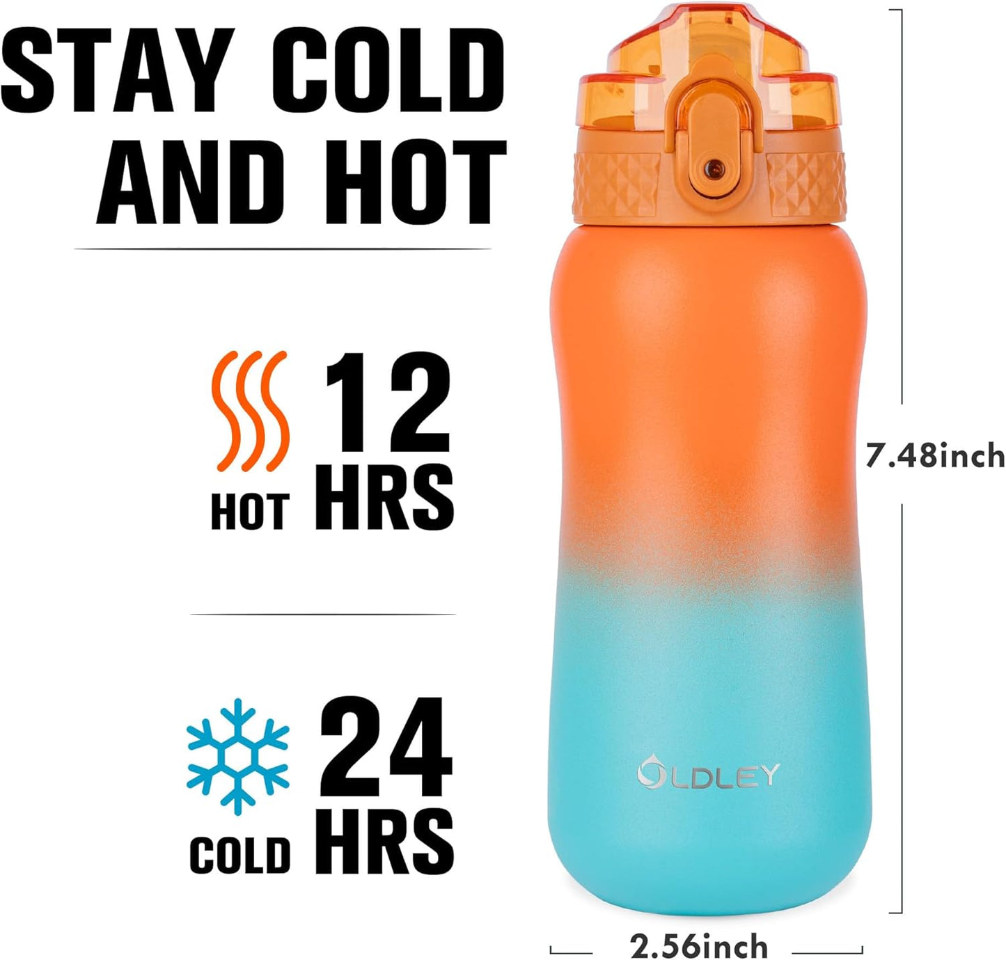 Oldley Insulated Water Bottle 20oz for Adults Kids Stainless Steel Water Bottles with Straw/Chug/Carabiner 3 Lids Fruit Strainer Double Wall Vacuum Wide Mouth BPA Free Leak-Proof for School Travel