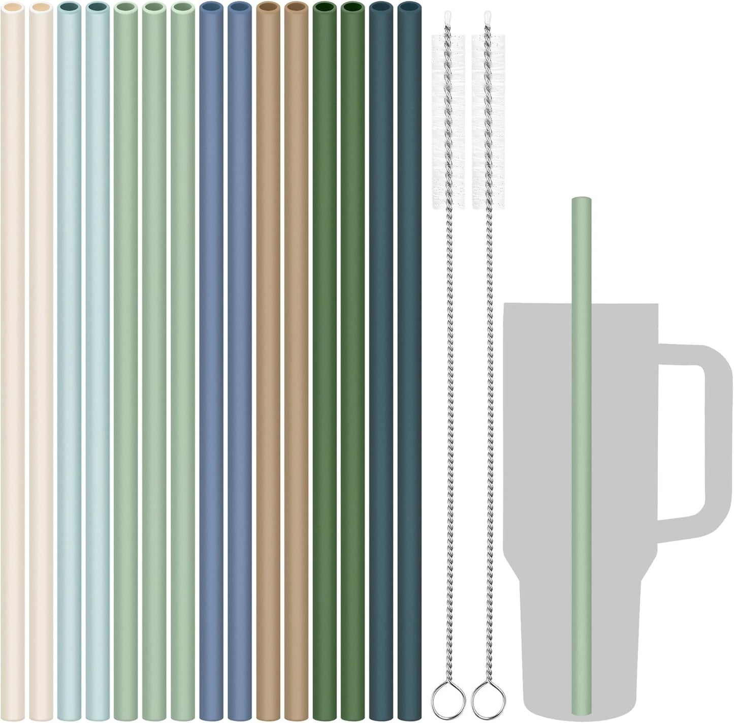 Tomorotec 15PCS Reusable Silicone Drinking Straws w/ 2 Brushes, Fit for Stanley Tumbler 40oz 30oz 20oz, 12" Long Customizable for Various Drinkware, Dishwasher Safe, BPA-Free, Safe for Teeth (Macaron)