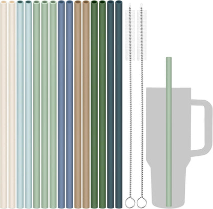 Tomorotec 15PCS Reusable Silicone Drinking Straws w/ 2 Brushes, Fit for Stanley Tumbler 40oz 30oz 20oz, 12" Long Customizable for Various Drinkware, Dishwasher Safe, BPA-Free, Safe for Teeth (Macaron)