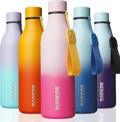BJPKPK Insulated Water Bottles, 18 oz Stainless Steel Metal Water Bottle with Strap, BPA Free Leak Proof Jugs, Mugs, Flasks, Reusable Thermal Flasks for Sports & Travel, Black - Colors B