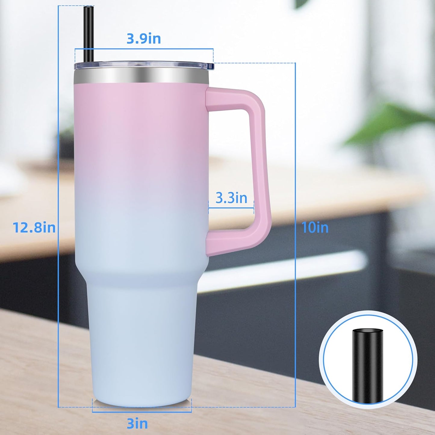 DOMICARE 40 oz Tumbler with Handle and Straw, Stainless Steel Tumbler with Lid and Straw, Reusable Vacuum Insulated Cup, Travel Coffee Mug, Blue, 1Pack