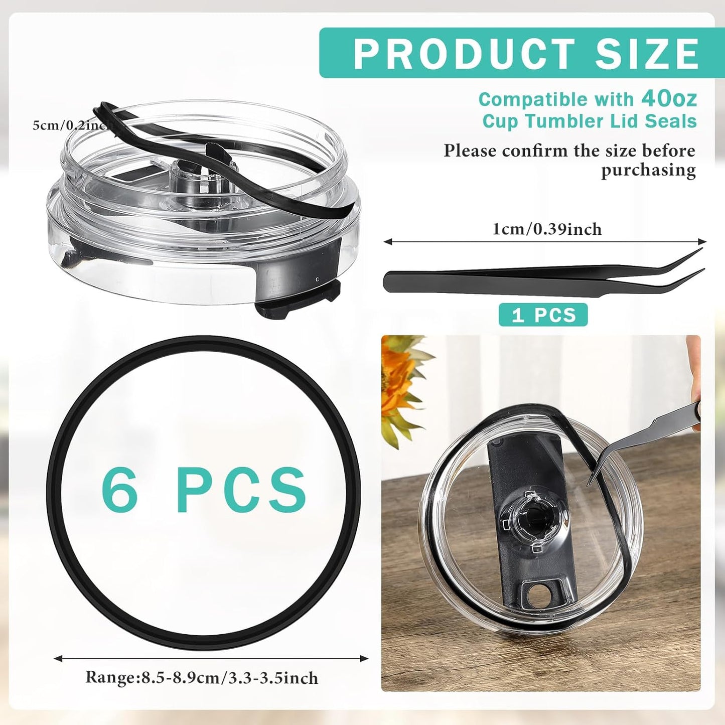 Vesici 6 Pcs 40 oz Tumbler Rubber Lid Seals, Replacement Water Bottle Gasket with Tweezers for Easy Removal, 3.35 Inch O-shaped Resealable Gaskets for 40 oz Tumblers, Glass Jars(Clear)