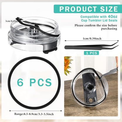 Vesici 6 Pcs 40 oz Tumbler Rubber Lid Seals, Replacement Water Bottle Gasket with Tweezers for Easy Removal, 3.35 Inch O-shaped Resealable Gaskets for 40 oz Tumblers, Glass Jars(Clear)