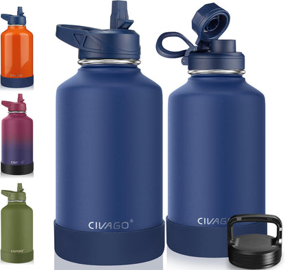 CIVAGO 32 oz Insulated Water Bottle With Straw, Stainless Steel Sports Water Cup Flask with 3 Lids (Straw, Spout and Handle Lid), Wide Mouth Travel Thermal Mug, Black
