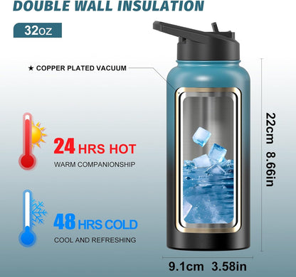 40oz Insulated Water Bottle (Cold for 48 Hrs),BPA Free&Leak Proof,Stainless Steel Water Flask,Water Jug with Straw Spout Lids for Gym,Hiking,Travel,Black Blue