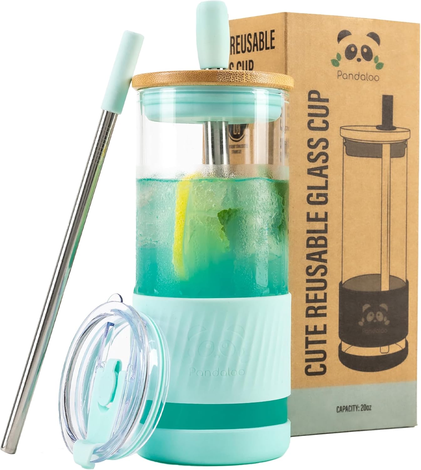 Pandaloo® Glass Cups With Lids and Straws -20 Fl Oz- Perfect Size Iced Coffee Cup - Smoothie Cup With Bamboo Lid and On the go Lid - Glass Tumbler With Straw (1 Count (Pack of 1), Lilac Rhapsody)